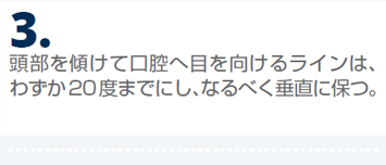 頭部を傾けて口腔へ目を向けるラインは、わずか20度までにし、なるべく垂直に保つ。